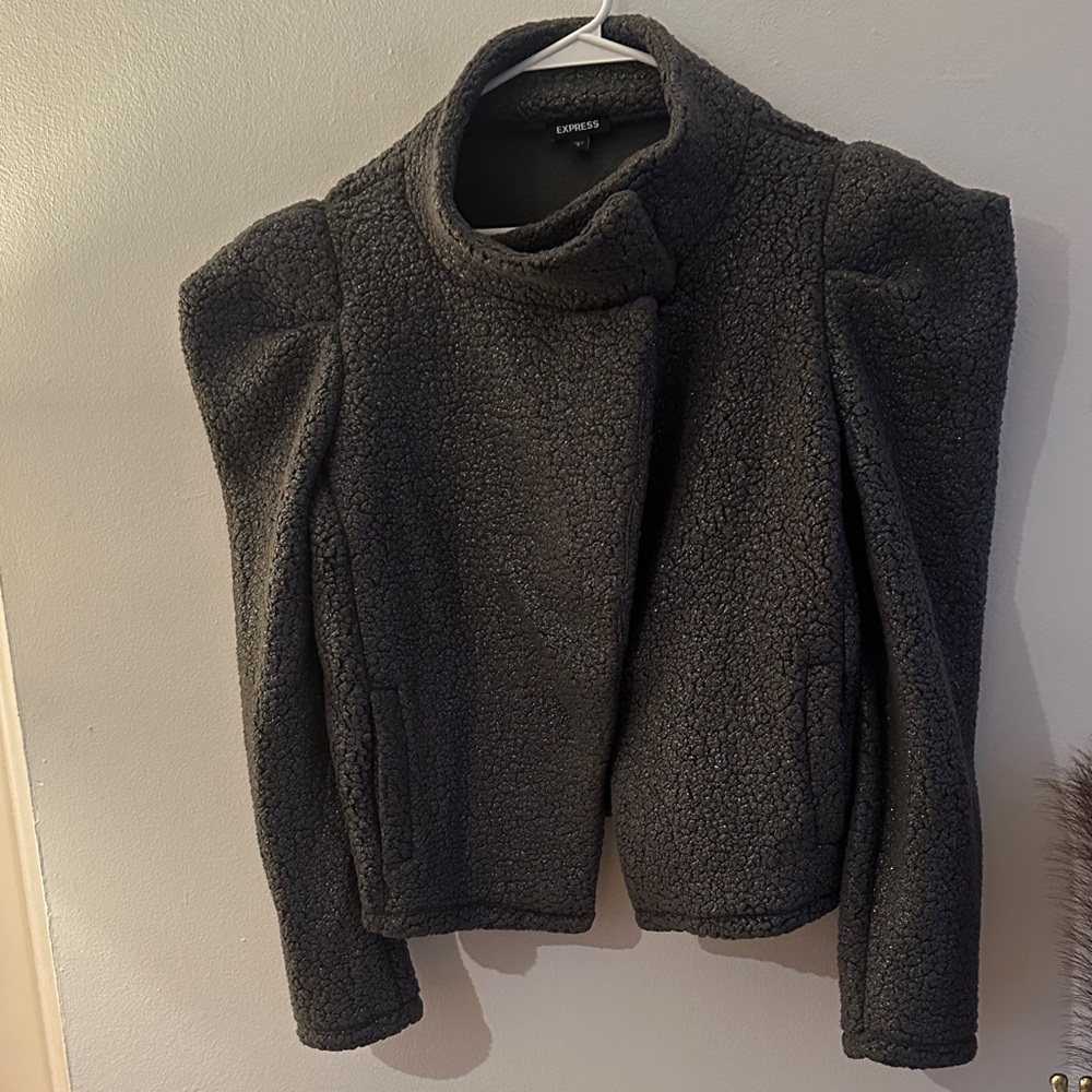 Express Women's Charcoal Teddy Jacket - Preloved